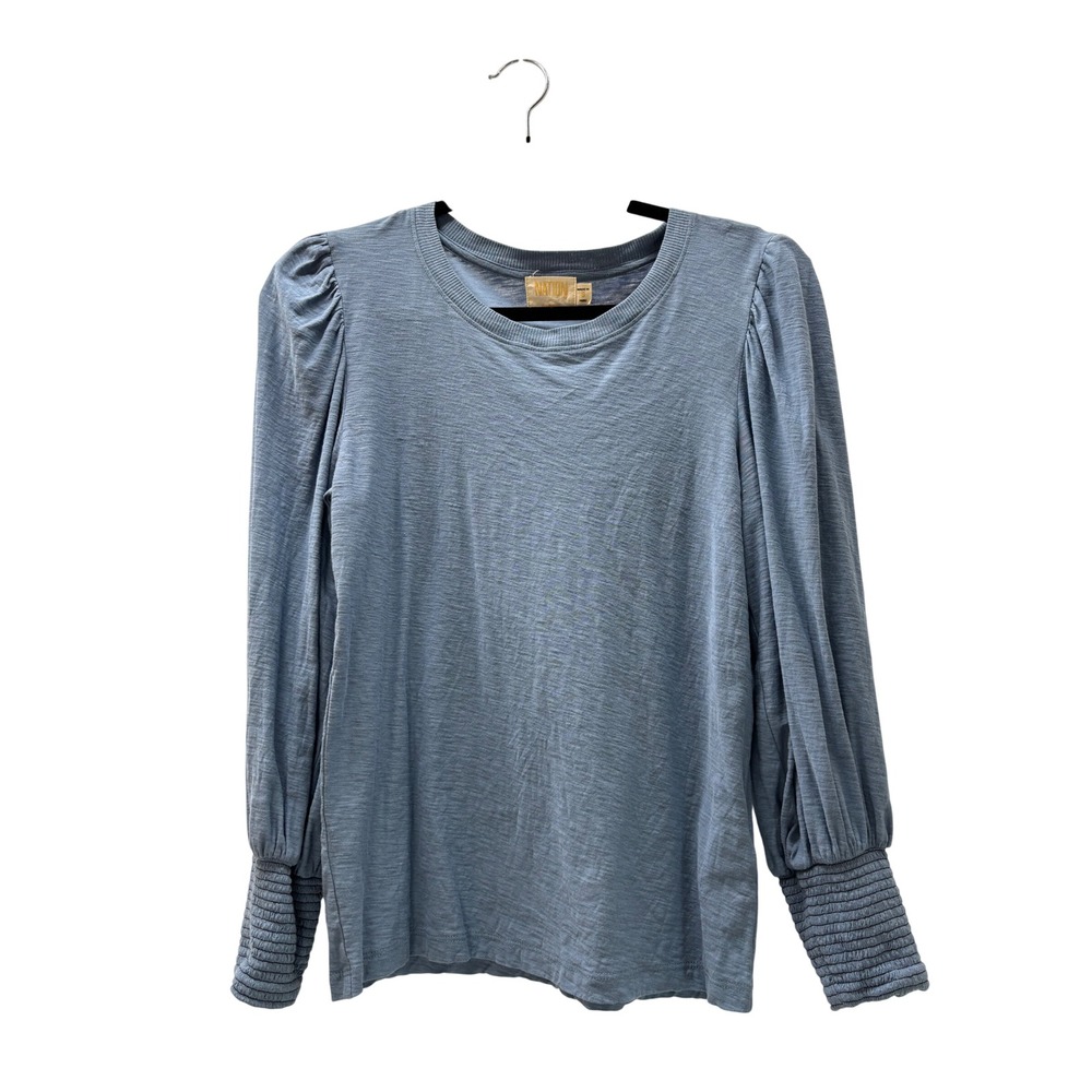 Nation LTD Womens Blue Pima Cotton Puff Sleeve Smocked Cuff Top Small